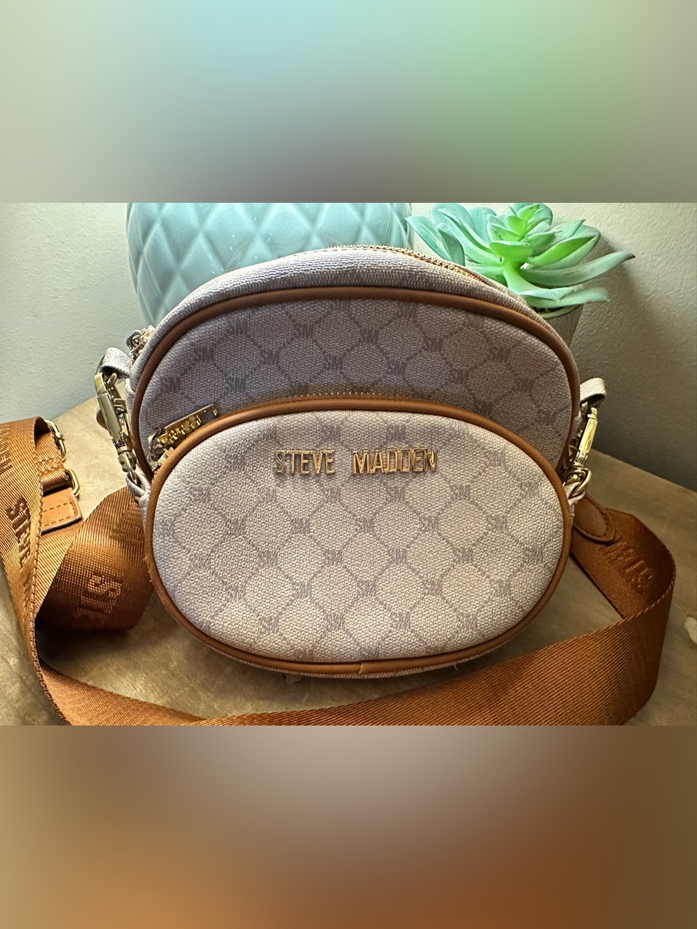 Steve Madden Bdubbs Double Pouch Crossbody Bag - Cream/Cognac Monogram